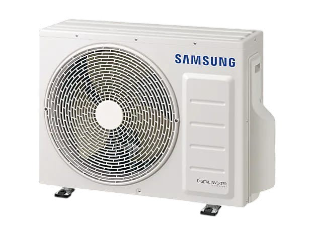 OBtech Samsung digital inverter outdoor air conditioner unit in white with a circular fan grille and side panel