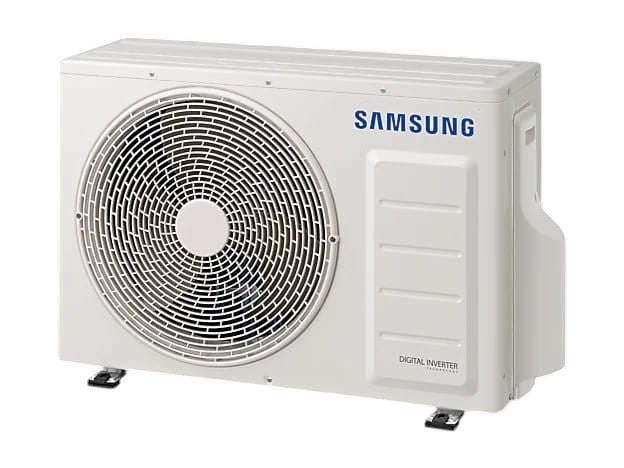 OBtech Samsung 24000 BTU digital inverter outdoor air conditioner unit in white with a large circular fan grille