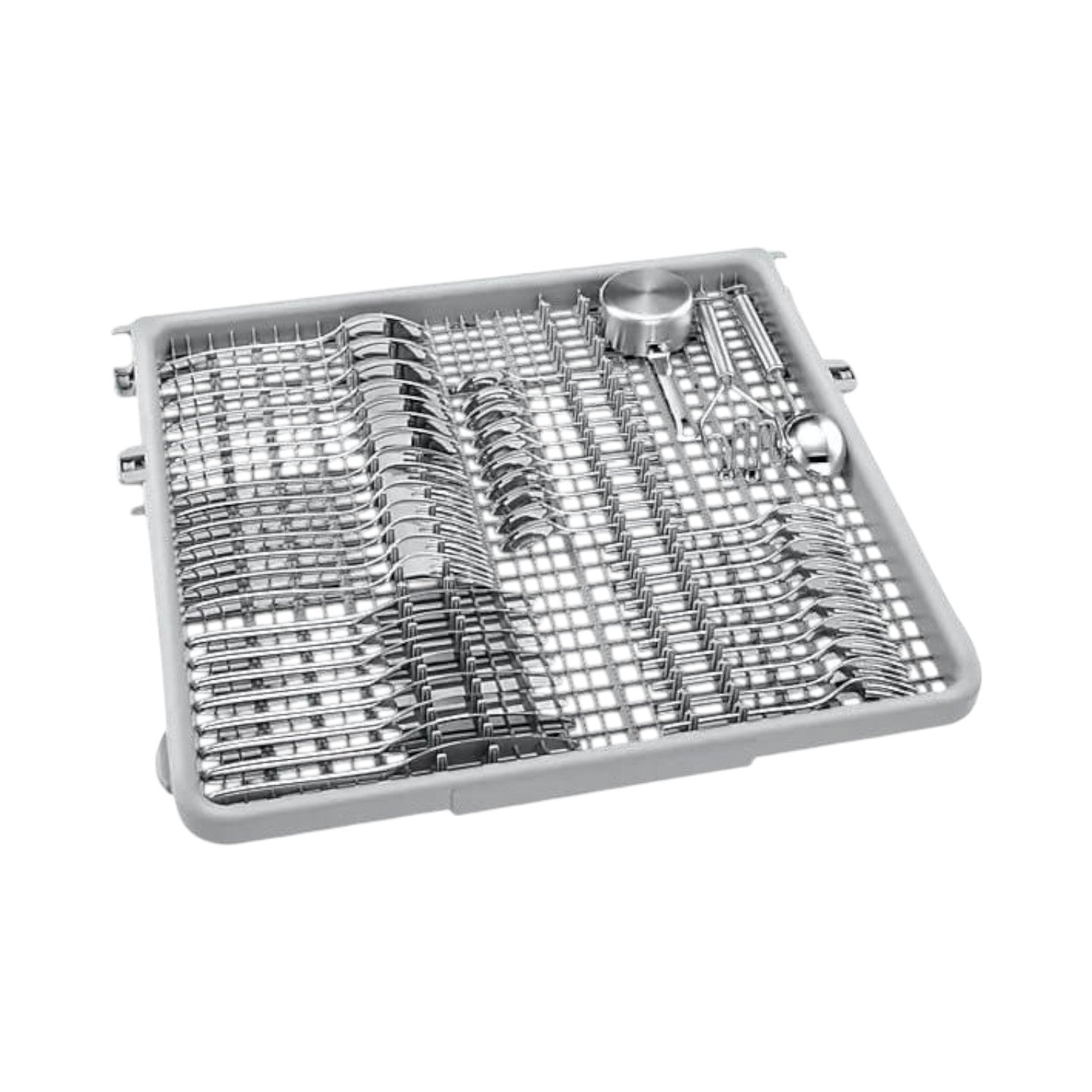 OBtech Samsung dishwasher cutlery tray with organized stainless steel silverware and kitchen utensils