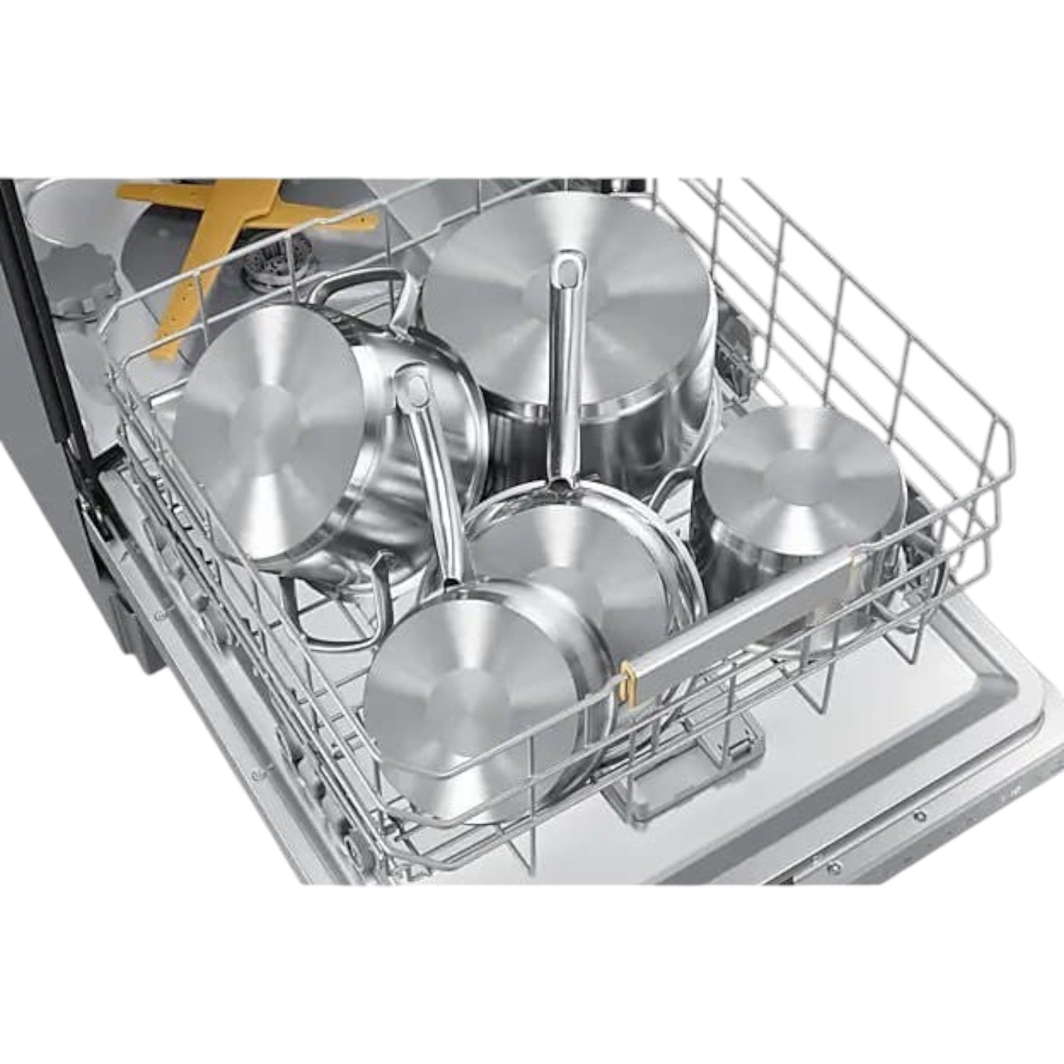 OBtech Samsung freestanding dishwasher interior with stainless steel pots and pans loaded in the adjustable rack.
