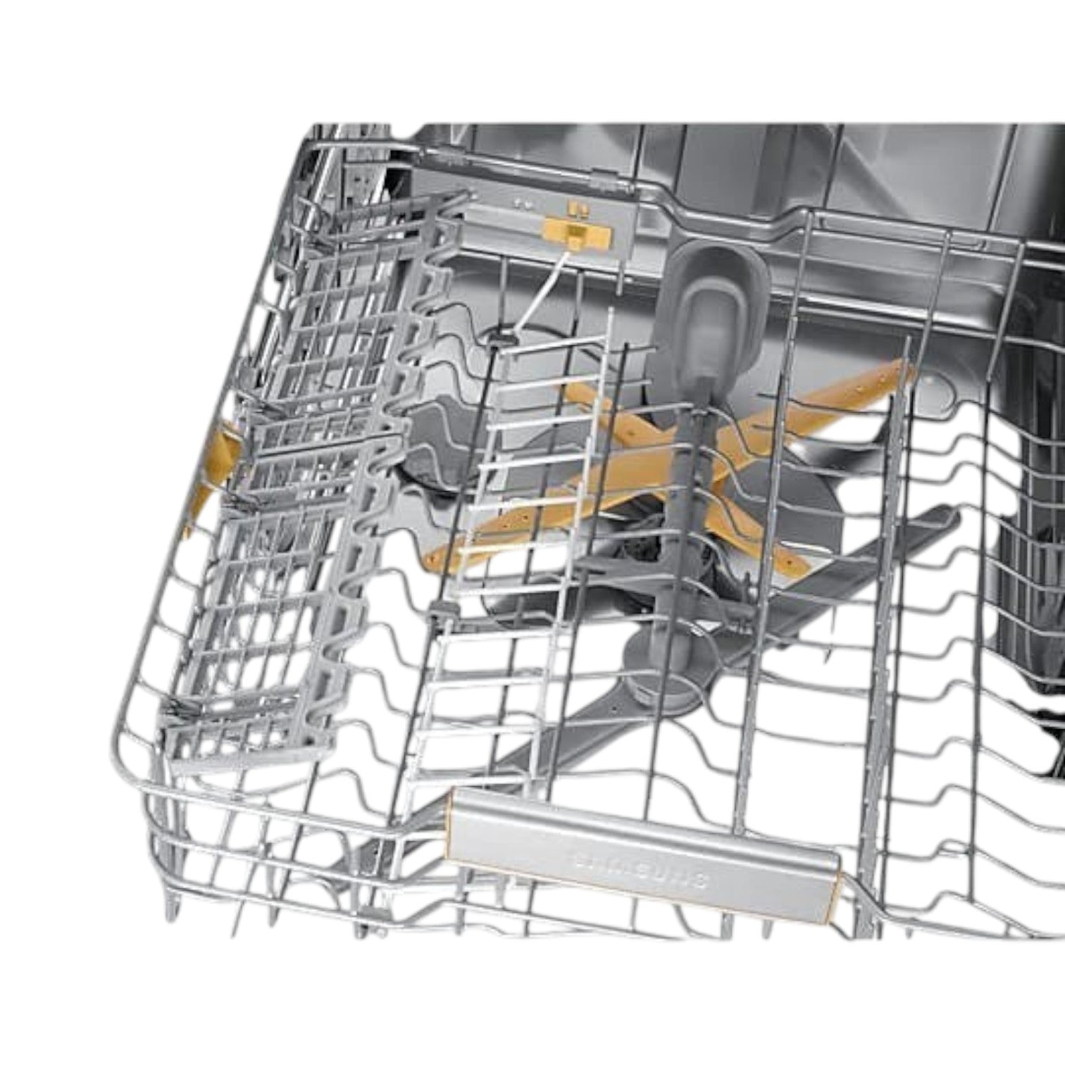 OBtech Samsung freestanding dishwasher interior showing adjustable metal racks, spray arms, and stainless steel tub.