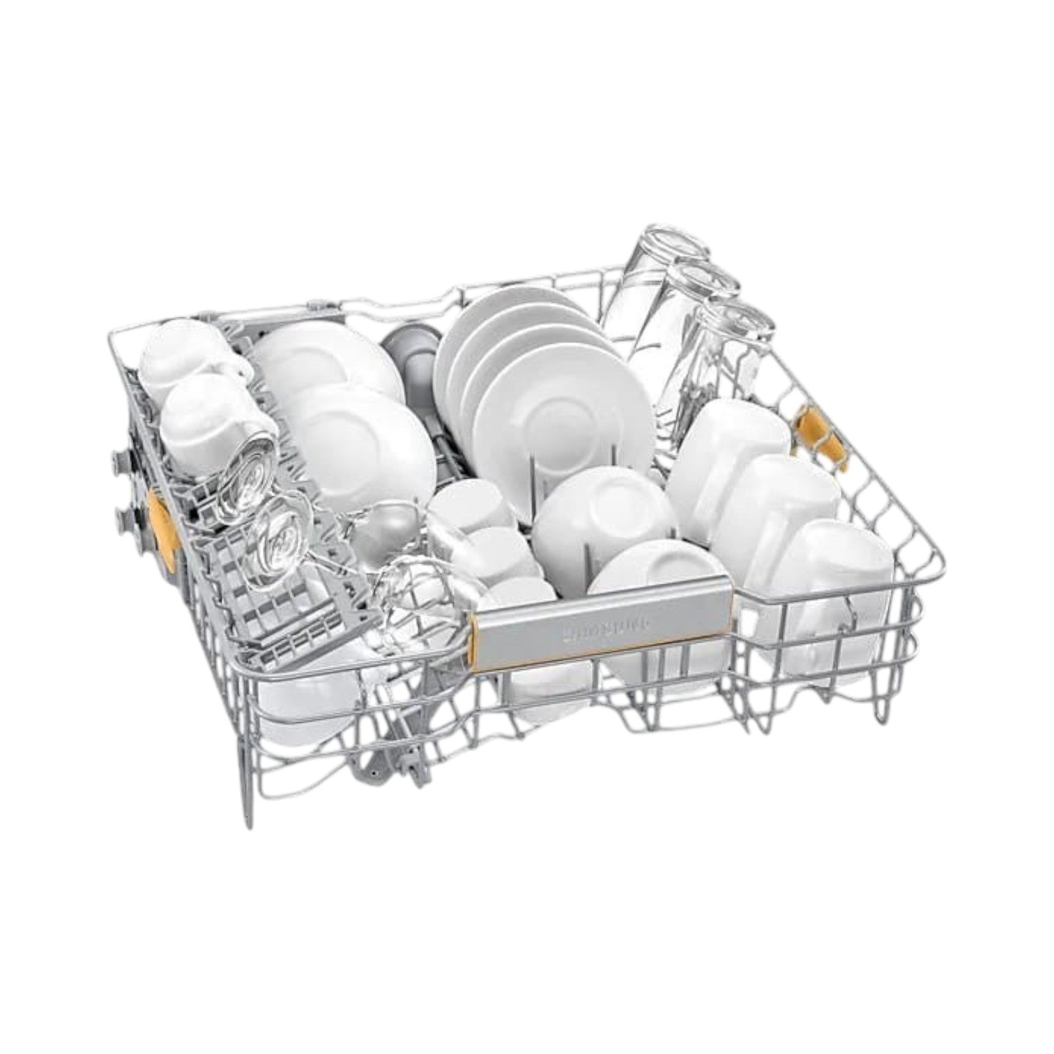 OBtech Samsung freestanding dishwasher interior rack loaded with white ceramic plates, bowls, and glassware.