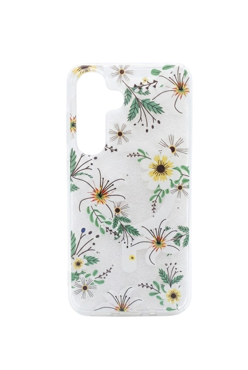 OBtech slim clear Samsung phone case featuring a delicate yellow and green floral pattern on a white background.