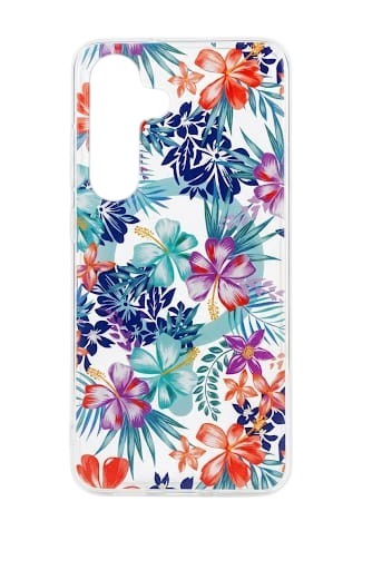 OBtech Samsung phone case featuring a vibrant tropical floral pattern with hibiscus flowers in red, blue, and teal.