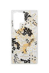 OBtech Samsung phone case with a clear back featuring a black, white, and gold floral pattern and slim design.