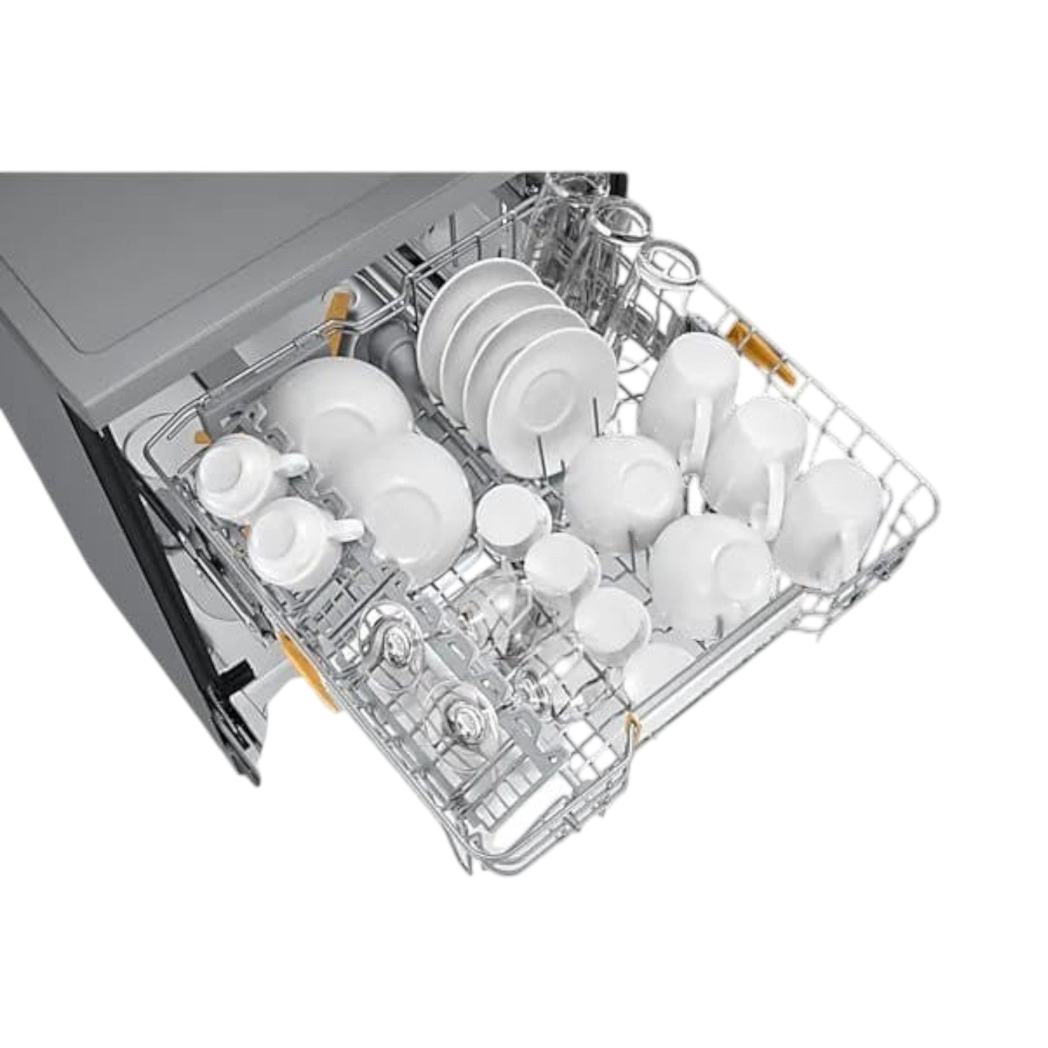 OBtech Samsung freestanding dishwasher with an open top rack filled with clean white ceramic plates and mugs
