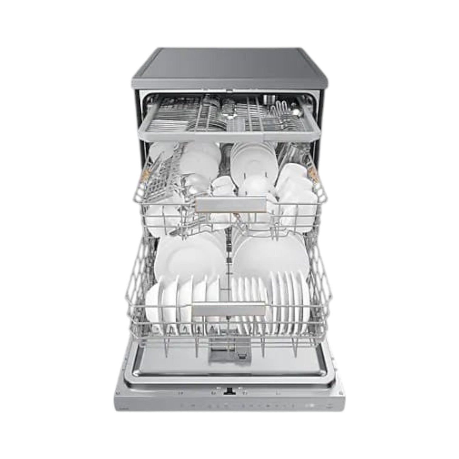 OBtech Samsung freestanding dishwasher with open racks filled with white dishes and a wide LED display panel