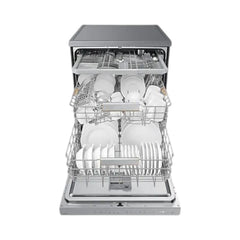 OBtech Samsung freestanding dishwasher with open racks filled with white dishes and a wide LED display panel