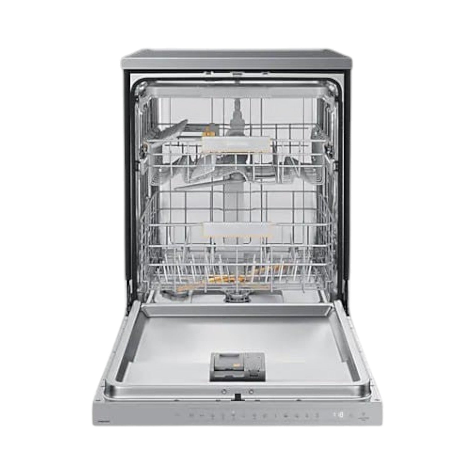 OBtech Samsung freestanding dishwasher with open door showing stainless steel interior and adjustable racks