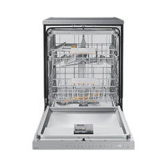 OBtech Samsung freestanding dishwasher with open door showing stainless steel interior and adjustable racks