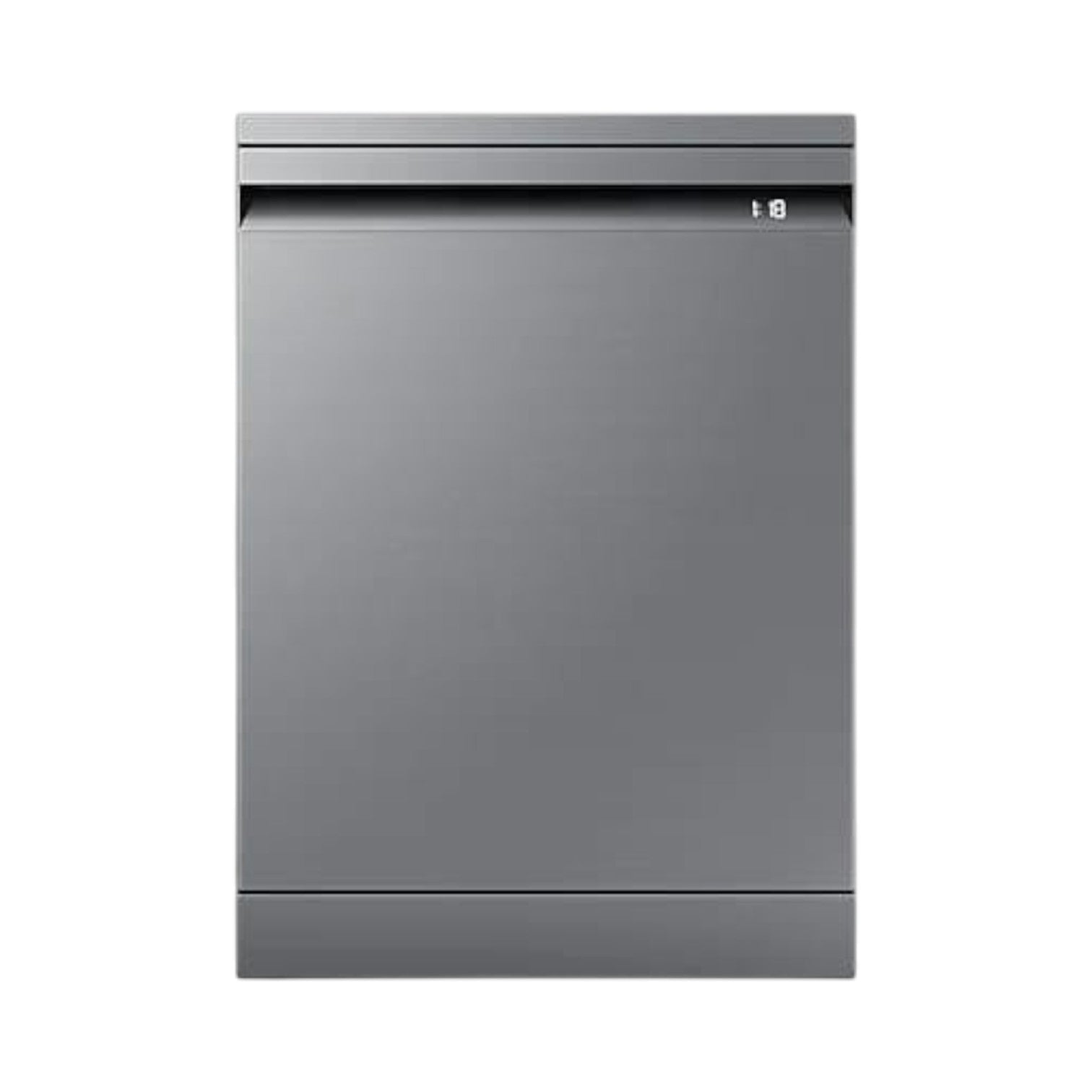 OBtech Samsung freestanding dishwasher in a sleek grey finish with a wide LED display panel on the front door.