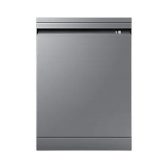 OBtech Samsung freestanding dishwasher in a sleek grey finish with a wide LED display panel on the front door.