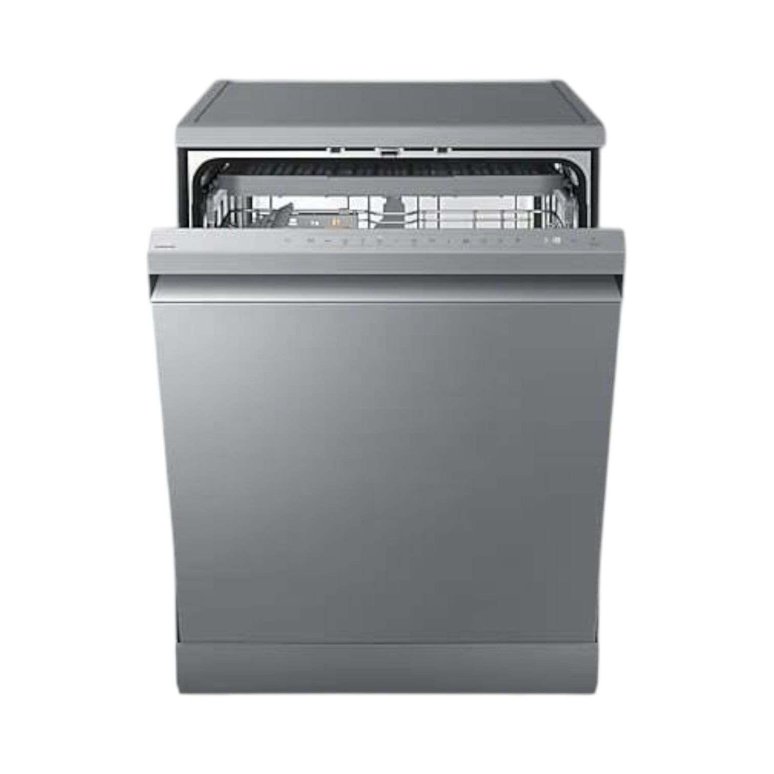 OBtech Samsung freestanding dishwasher in silver with a wide LED display panel and open racks for easy loading.