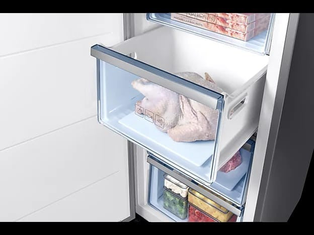 OBtech Samsung 315L 1-Door Freezer with open drawer showing organized frozen food storage and SpaceMax technology