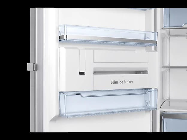 OBtech Samsung 315L freezer door interior featuring a white Slim Ice Maker and transparent storage compartments.