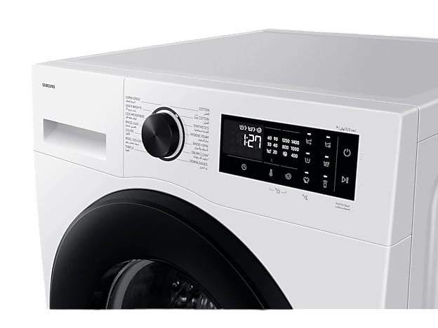 OBtech Samsung 9kg front-load washing machine with digital LED display, control dial, and AI Ecobubble technology.