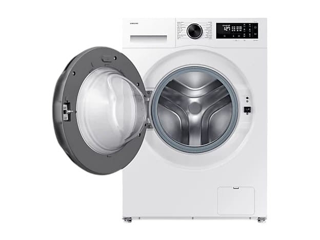 OBtech Samsung 9kg front-load washing machine with AI Ecobubble technology and open door on a black background
