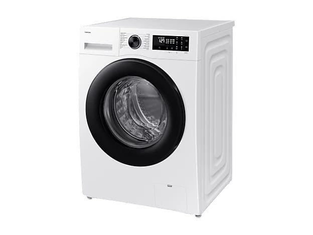 OBtech Samsung 9kg front-load washing machine in white with a black door and digital LED control panel