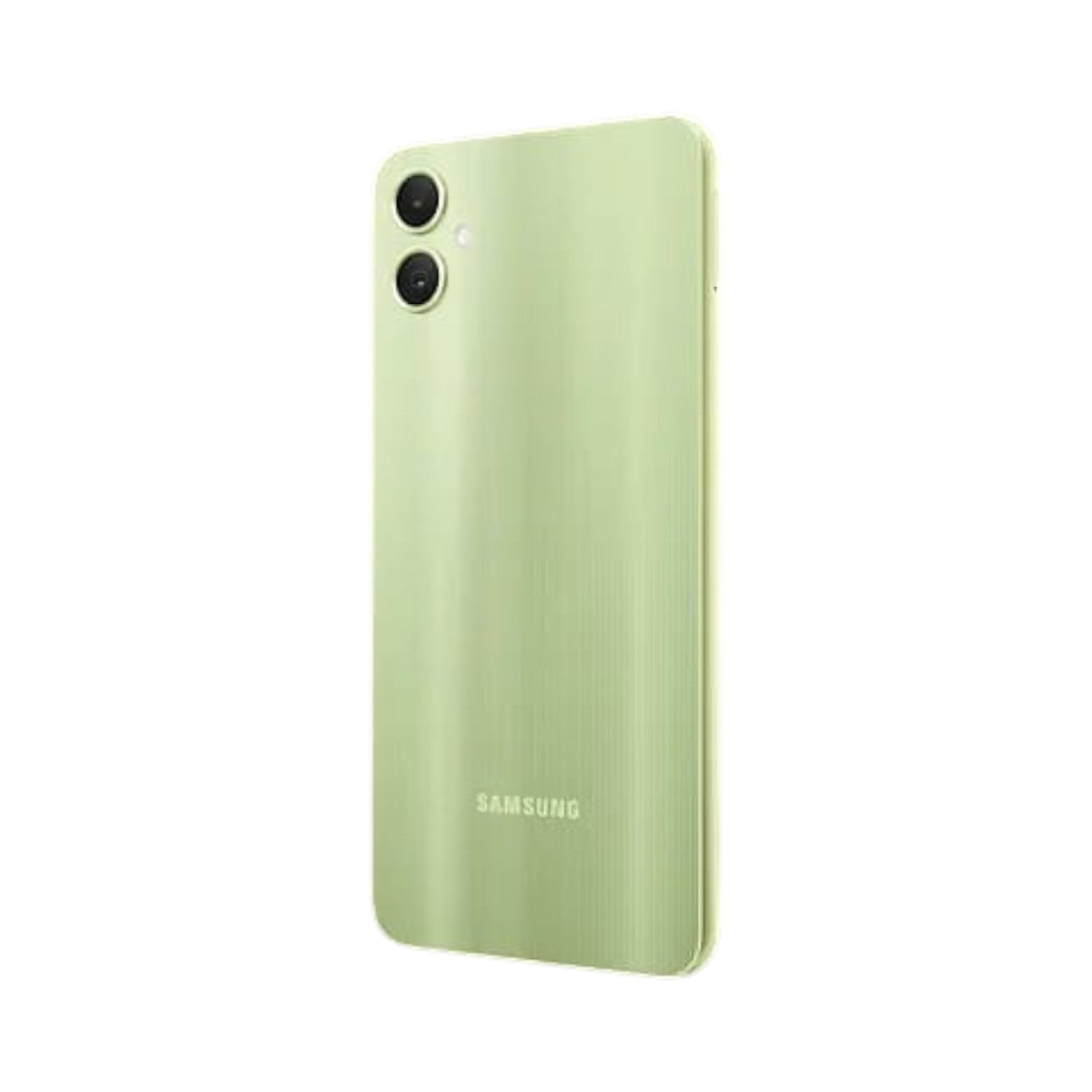 OBtech Samsung Galaxy A05 smartphone in light green with a dual rear camera system, back view.