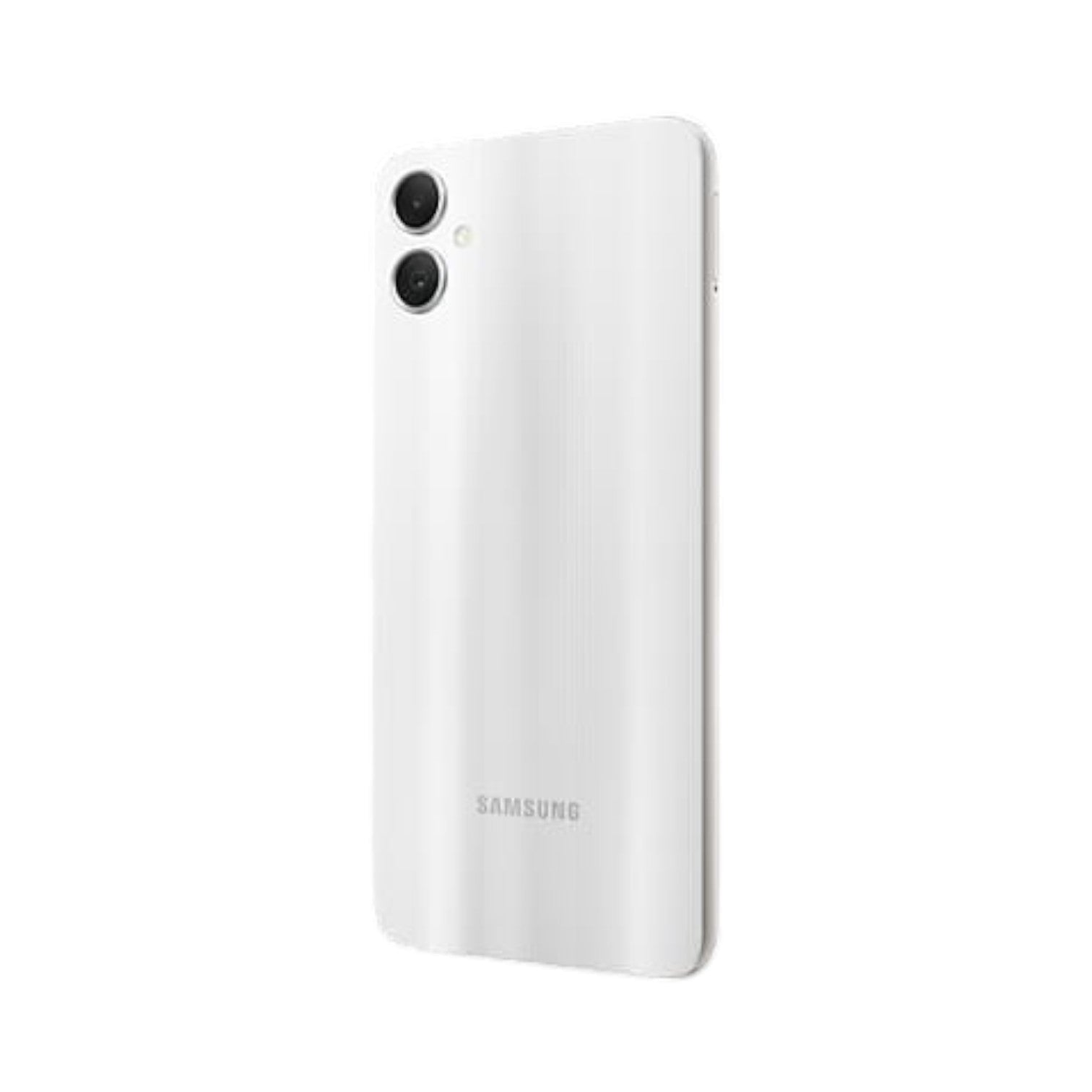 OBtech Samsung Galaxy A05 smartphone in white, showing the dual rear camera setup and sleek back panel design.