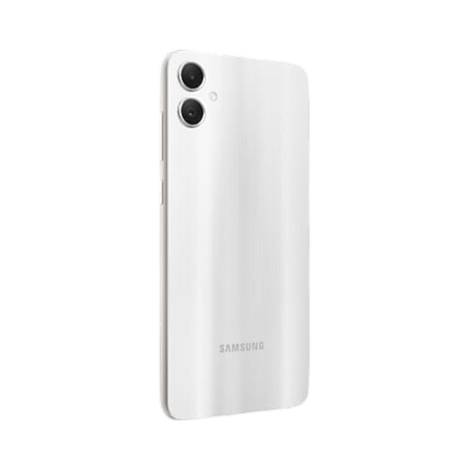 OBtech Samsung Galaxy A05 smartphone in white, showing the dual rear camera setup and sleek back panel design.
