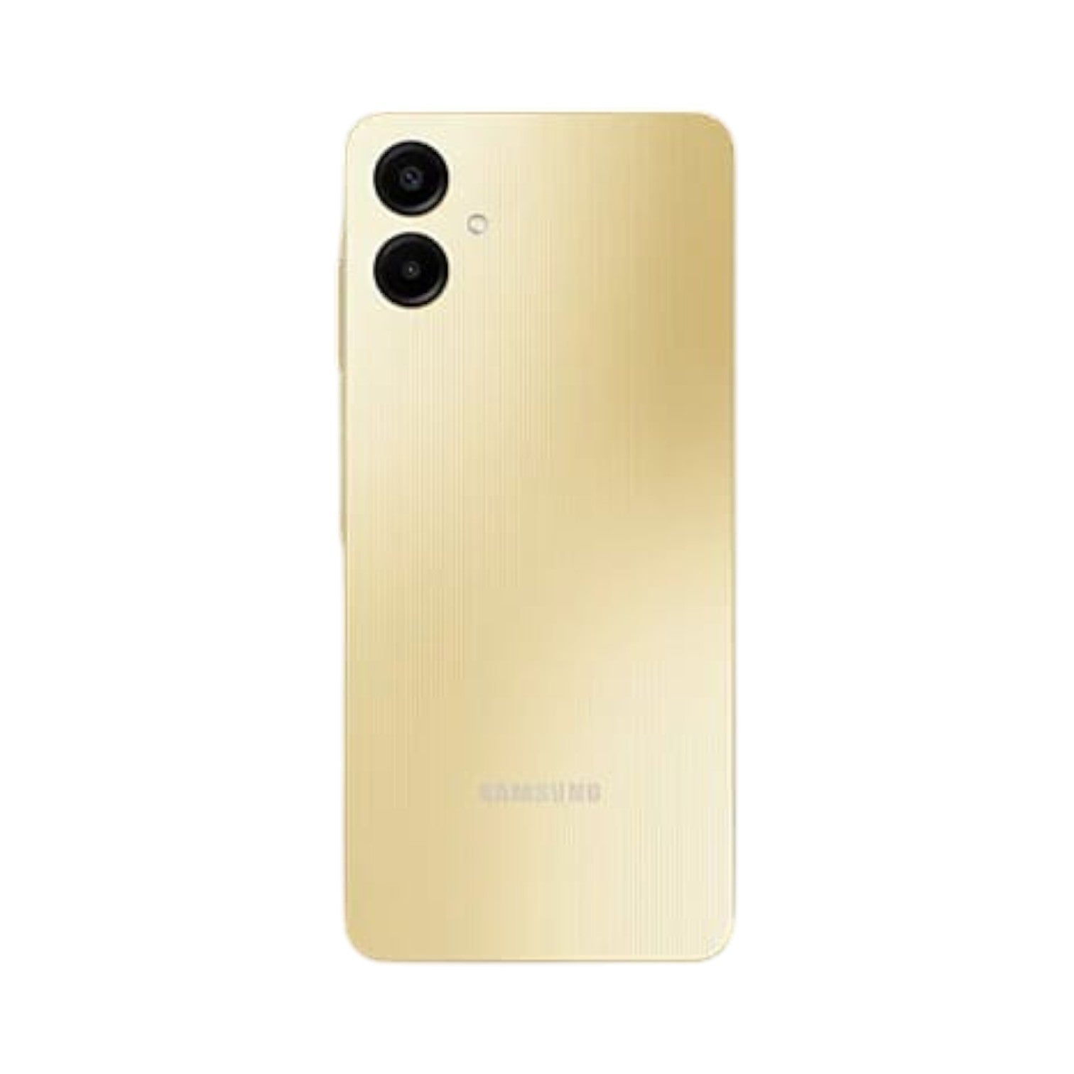 OBtech Samsung Galaxy A06 smartphone in gold with a dual rear camera system and textured back panel.