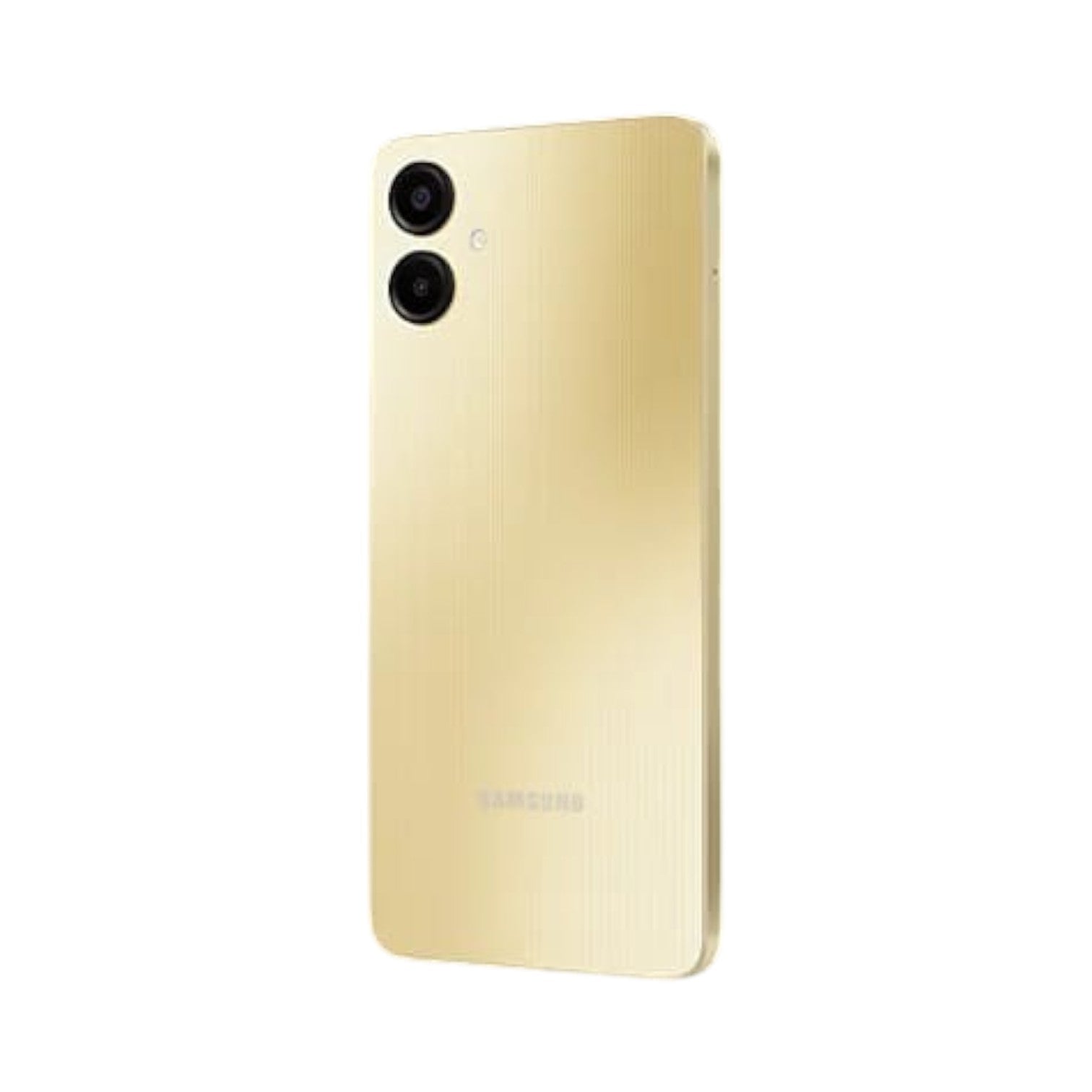 OBtech Samsung Galaxy A06 smartphone in gold with a dual rear camera system and a textured back panel.
