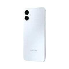 OBtech Samsung Galaxy A06 smartphone in light blue with a dual rear camera system, shown from the back angle.
