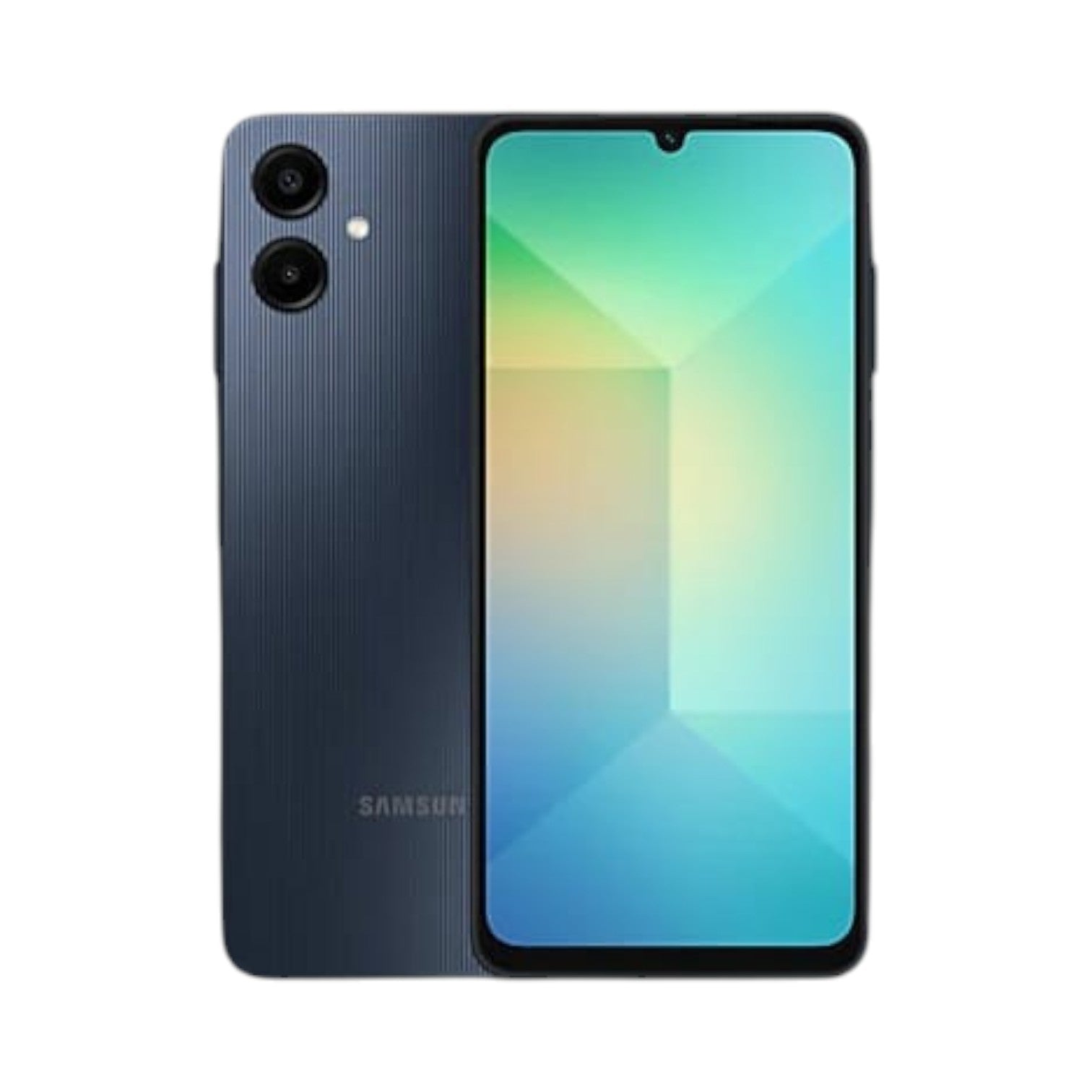 OBtech Samsung Galaxy A06 smartphone with a 6.7-inch display and dark blue textured back with dual camera system.