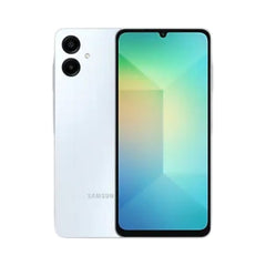 OBtech Samsung Galaxy A06 smartphone in white with a 6.7-inch display and dual rear camera system.