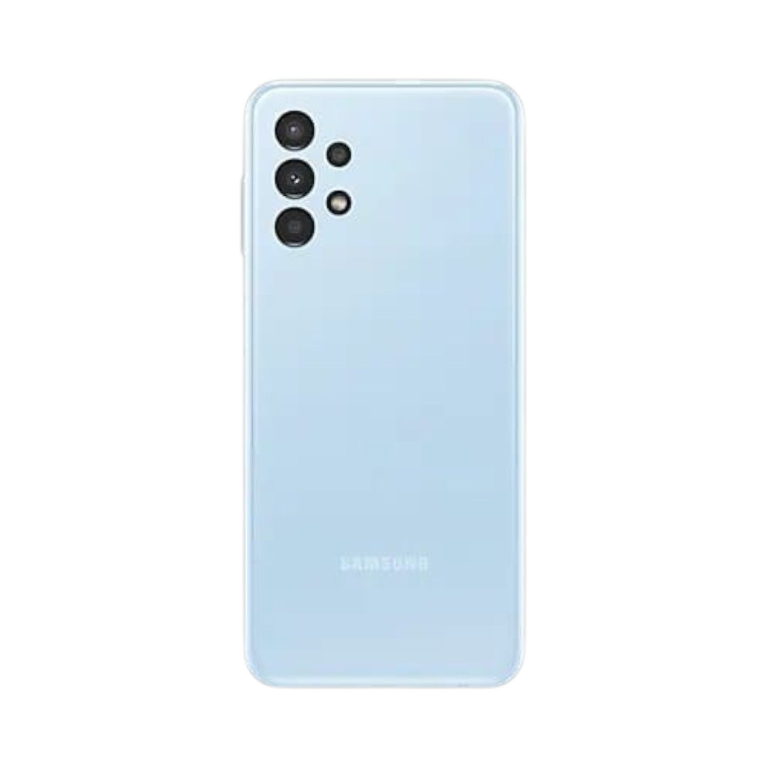 OBtech Samsung Galaxy A13 smartphone in light blue with a quad-camera system on the back.