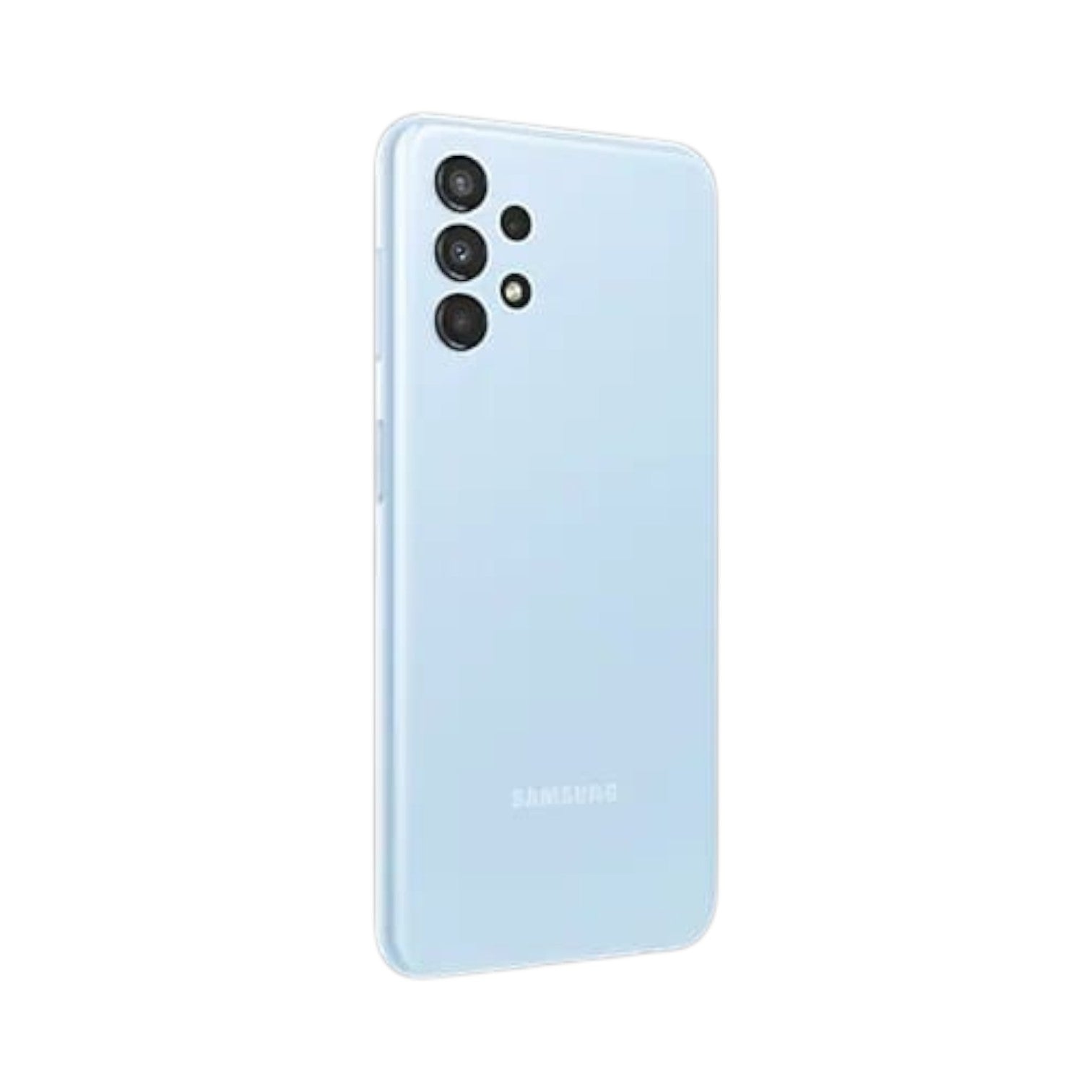 OBtech Samsung Galaxy A13 smartphone in light blue with a quad-camera system on the back, isolated on white.