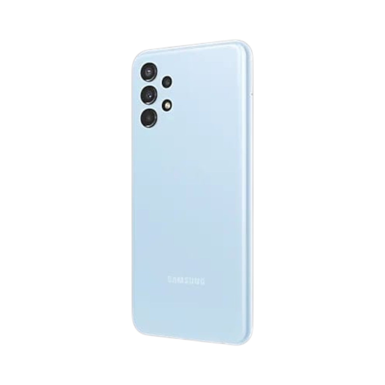 OBtech Samsung Galaxy A13 smartphone in light blue with a quad-camera system, viewed from the back.