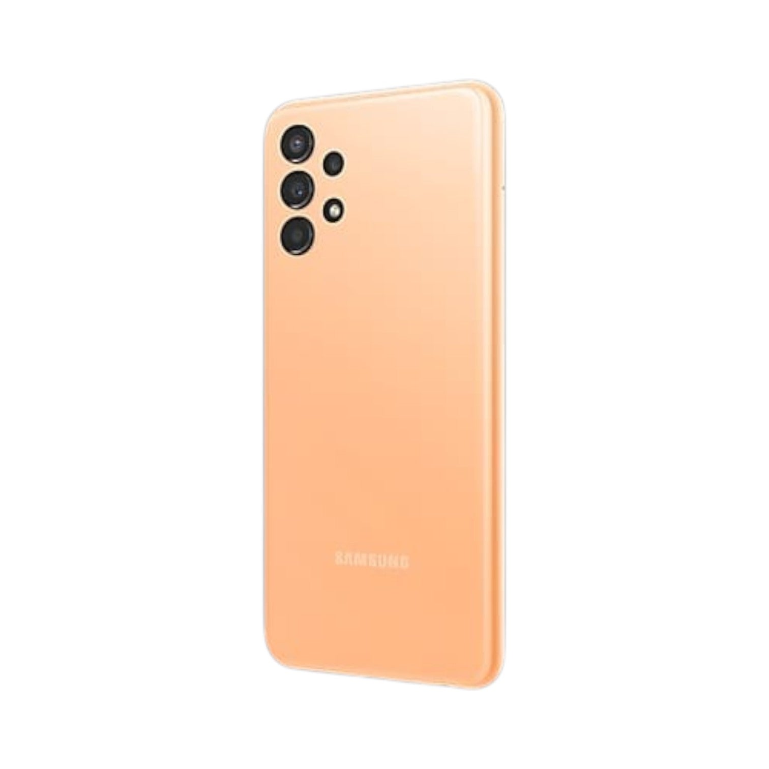 OBtech Samsung Galaxy A13 smartphone in peach orange featuring a quad-camera system on the back.