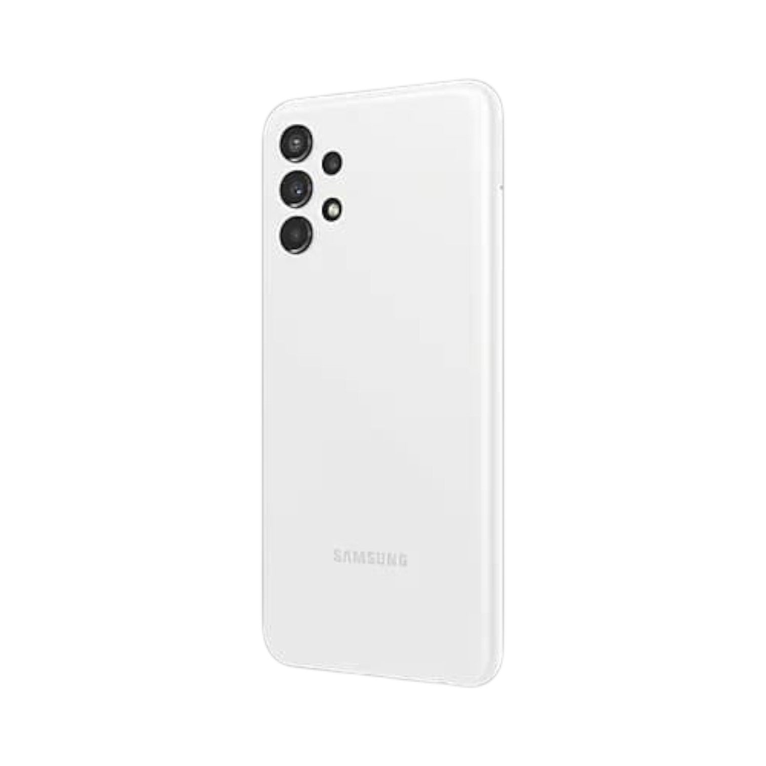 OBtech Samsung Galaxy A13 smartphone in white with a quad camera system, viewed from the back angle.