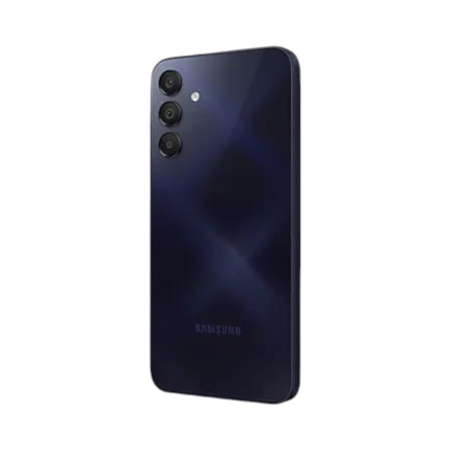 OBtech Samsung Galaxy A15 smartphone in dark blue with a triple rear camera system, viewed from the back angle.