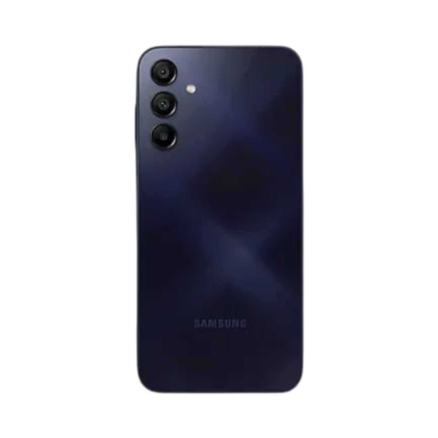 OBtech Samsung Galaxy A15 smartphone in dark blue with a triple rear camera system, back view.