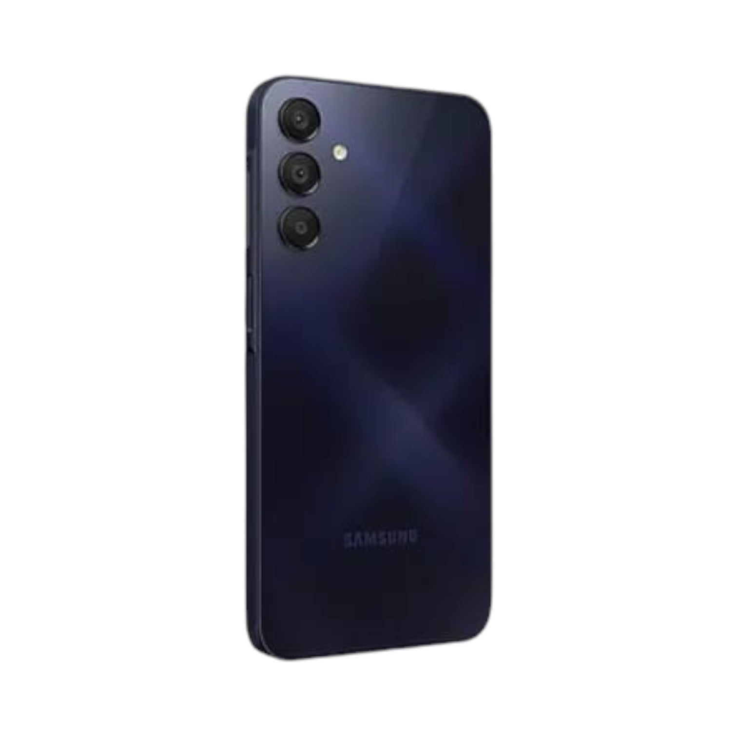 OBtech Samsung Galaxy A15 smartphone in dark blue with a triple rear camera system, viewed from the back.