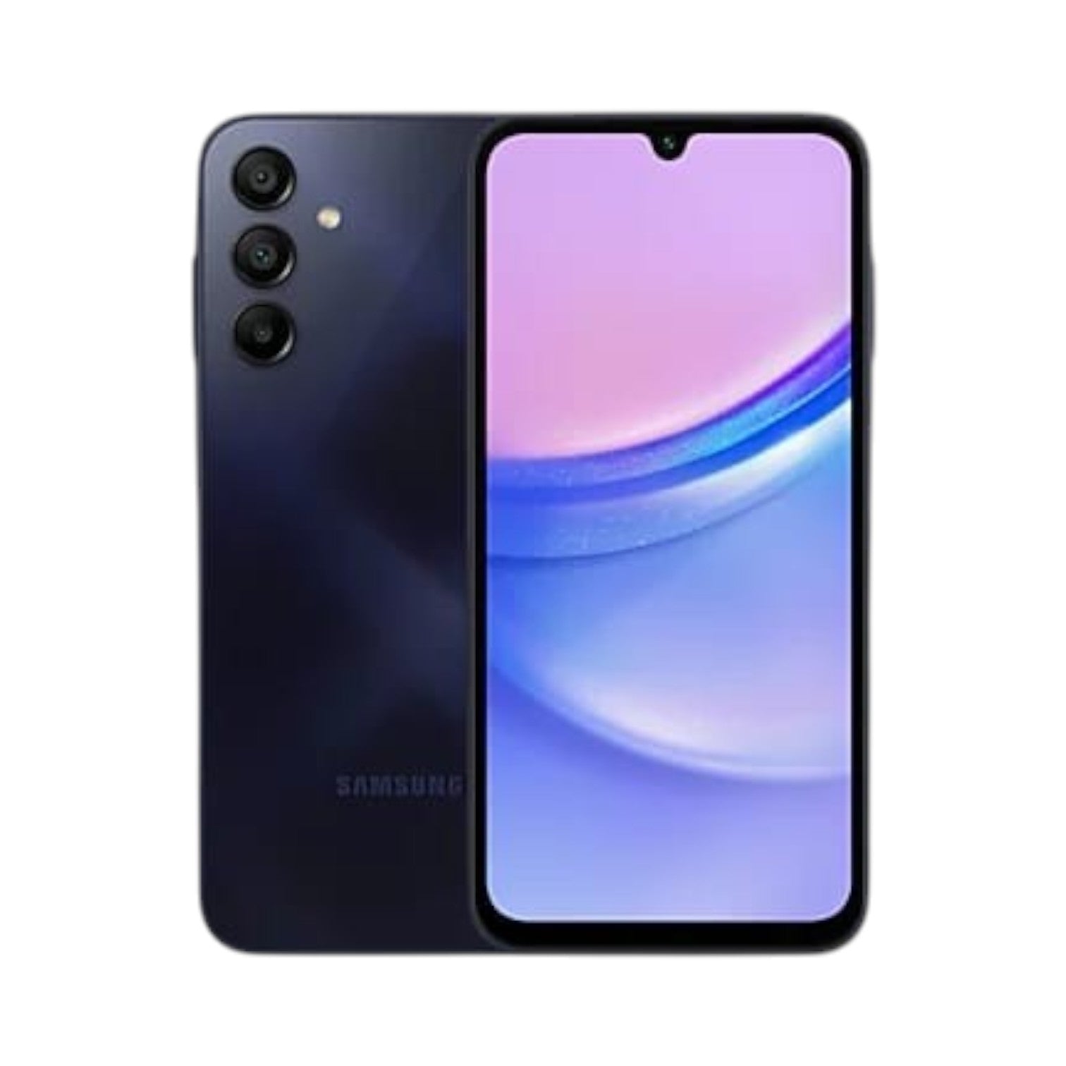 OBtech Samsung Galaxy A15 smartphone in dark blue with a triple rear camera and vibrant Super AMOLED display.