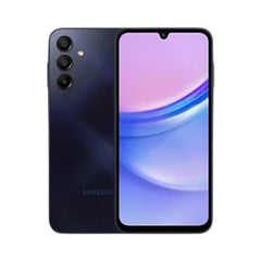 OBtech Samsung Galaxy A15 smartphone in dark blue with a triple rear camera and vibrant Super AMOLED display.