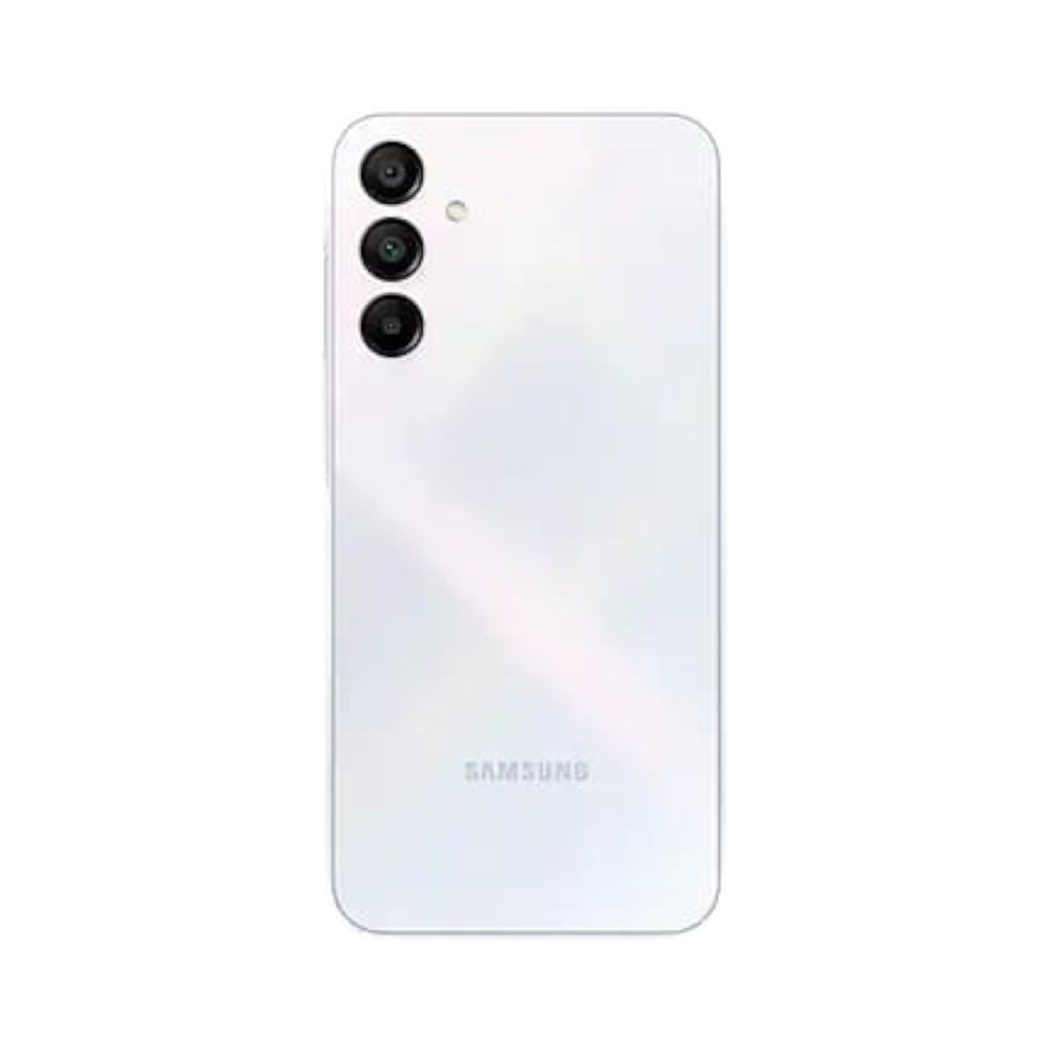 OBtech Samsung Galaxy A15 smartphone in white, showing the triple rear camera setup and sleek back panel design.