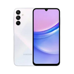 OBtech Samsung Galaxy A15 smartphone in white with a 6.5-inch Super AMOLED display and triple rear camera system.