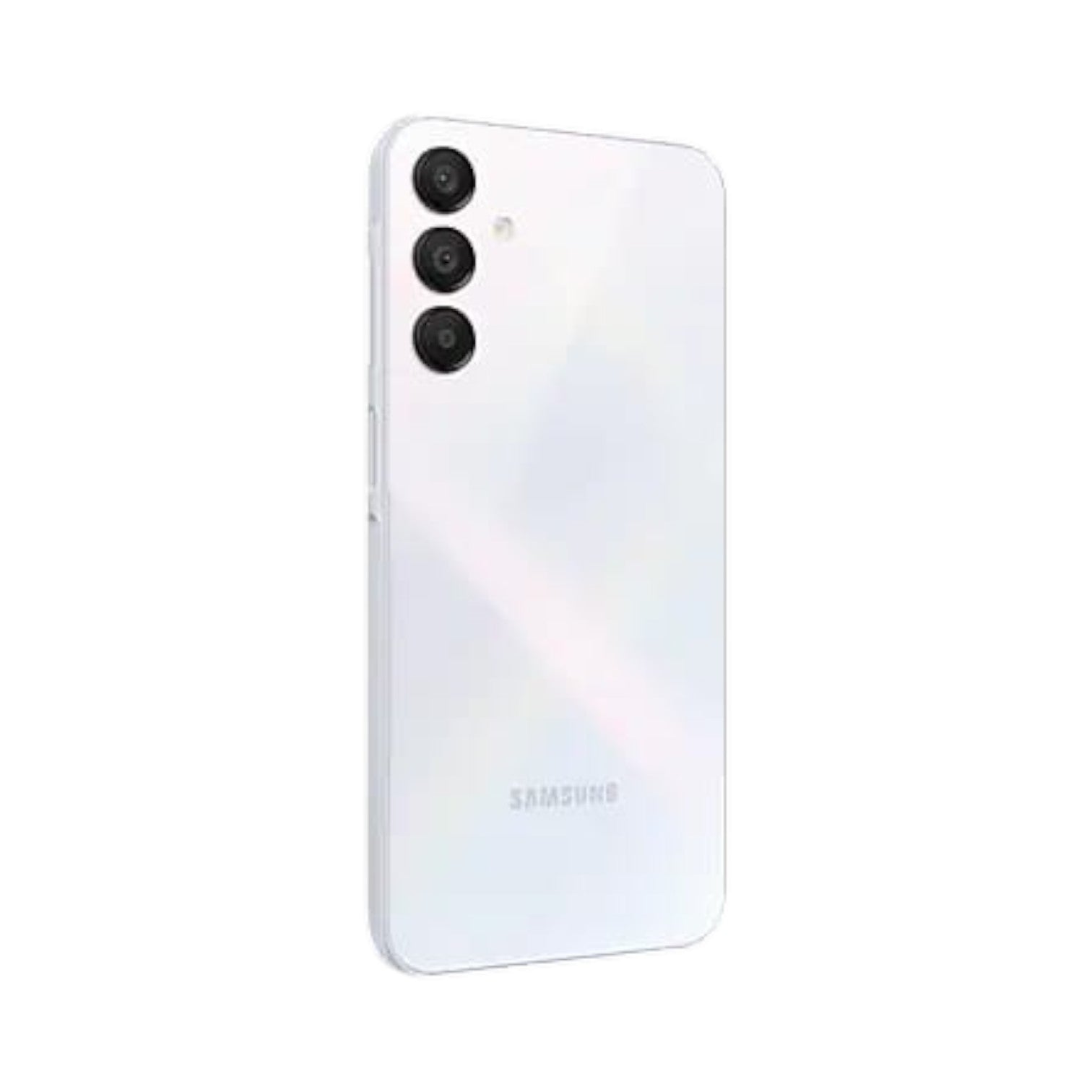 OBtech Samsung Galaxy A15 smartphone in white, showing the triple rear camera setup and sleek back panel design.