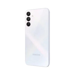 OBtech Samsung Galaxy A15 smartphone in white, showing the triple rear camera setup and sleek back panel design.