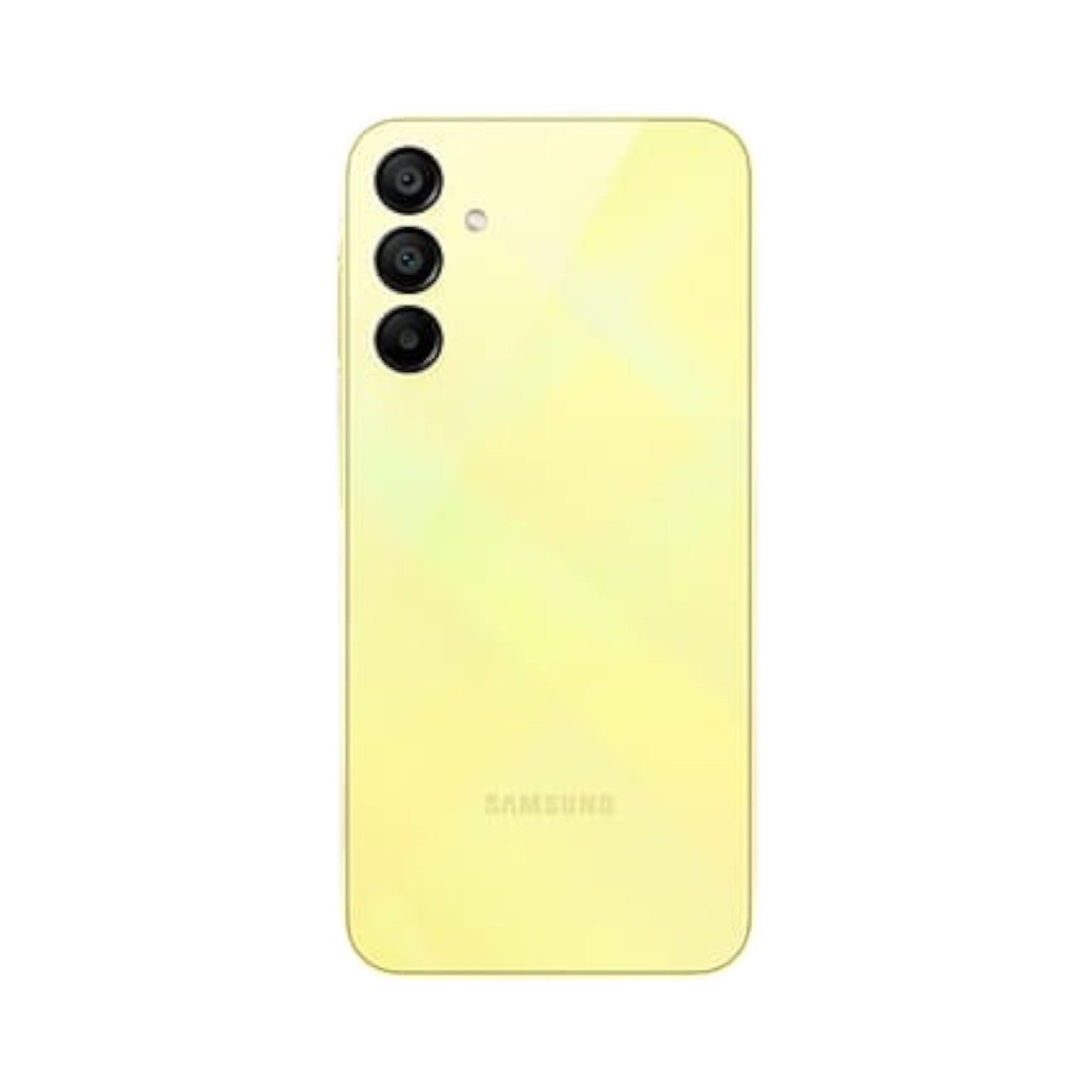 OBtech Samsung Galaxy A15 smartphone in yellow with a triple rear camera system, back view on a white background.