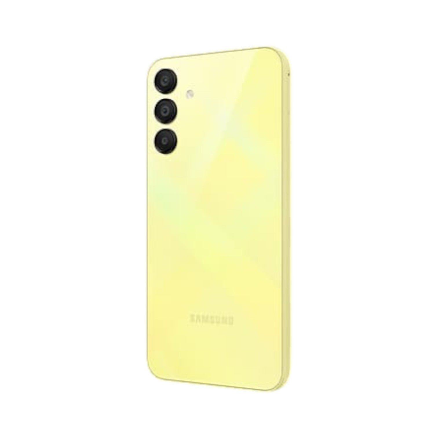 OBtech Samsung Galaxy A15 smartphone in yellow with a triple rear camera setup, viewed from the back.