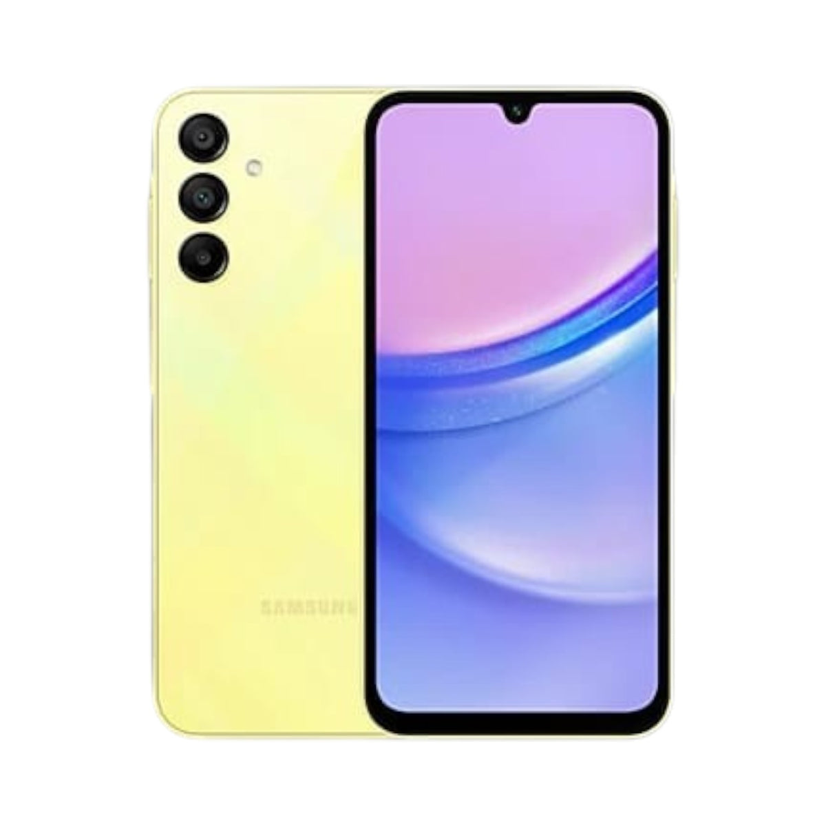 OBtech Samsung Galaxy A15 smartphone in yellow with a 6.5-inch Super AMOLED display and triple rear camera system.