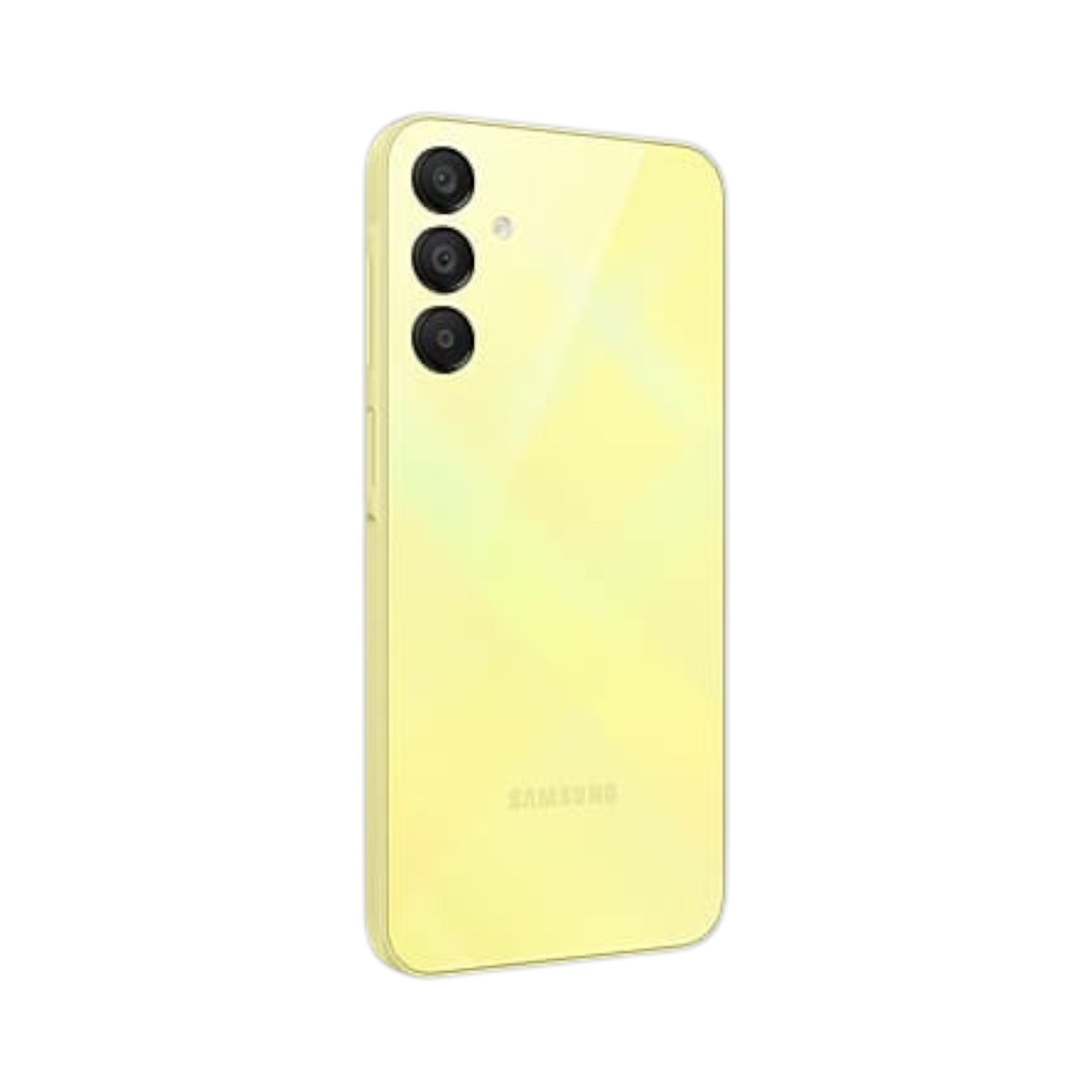 OBtech Samsung Galaxy A15 smartphone in yellow with a triple rear camera setup and sleek glossy finish