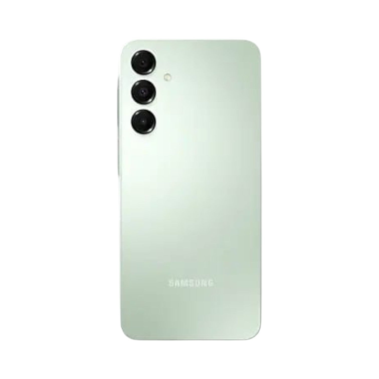 OBtech Samsung Galaxy A16 smartphone in light green with a triple rear camera system and sleek flat back design.