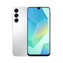 OBtech Samsung Galaxy A16 smartphone in white, showing the front display and triple rear camera setup.